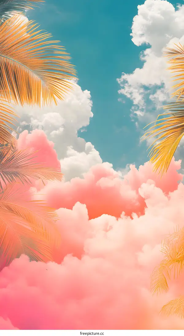 Palm Tree Leaves Against a Blue Sky with Pink Clouds