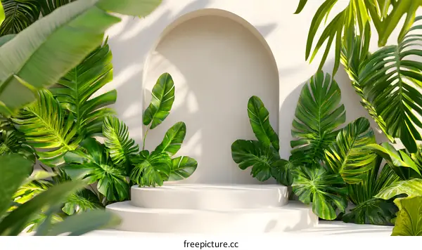 Minimalist Green Tropical Leaves and White Arch  Background