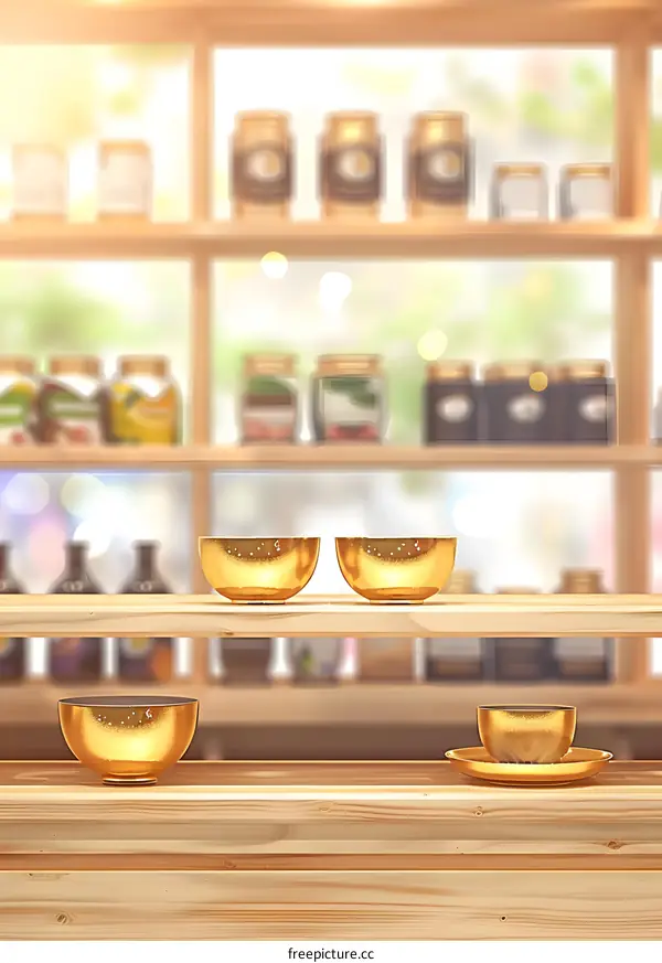 Golden Bowls on Wooden Shelves with Blurred Background