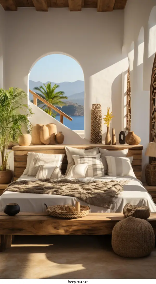 Modern rustic bedroom with a stunning sea view