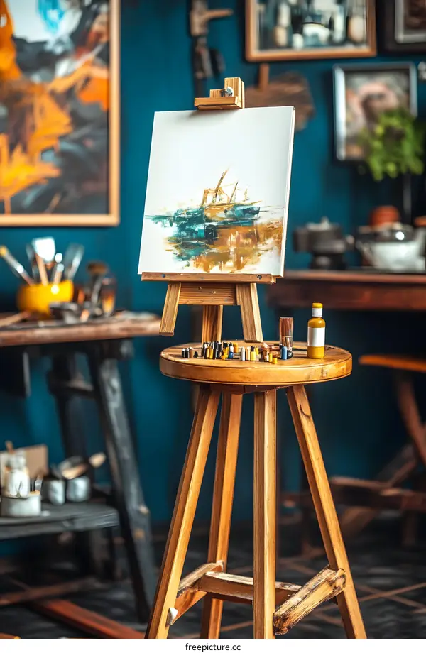 Wooden Stool with Art Supplies in a Studio Setting