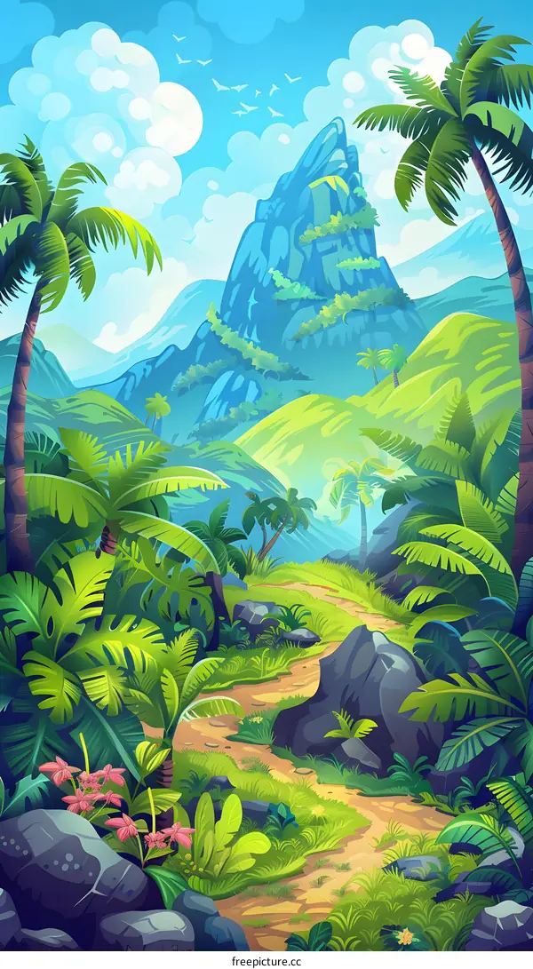 Tropical Jungle Landscape With Palm Trees and Mountain
