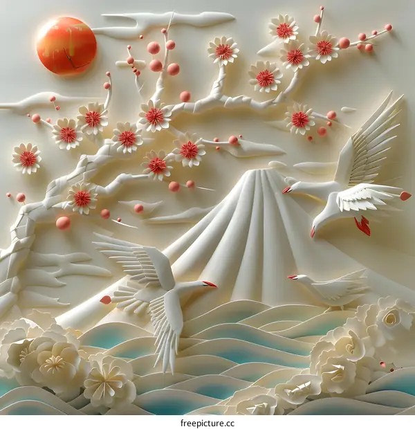 Paper Art Landscape with Cherry Blossom Tree and Mountain
