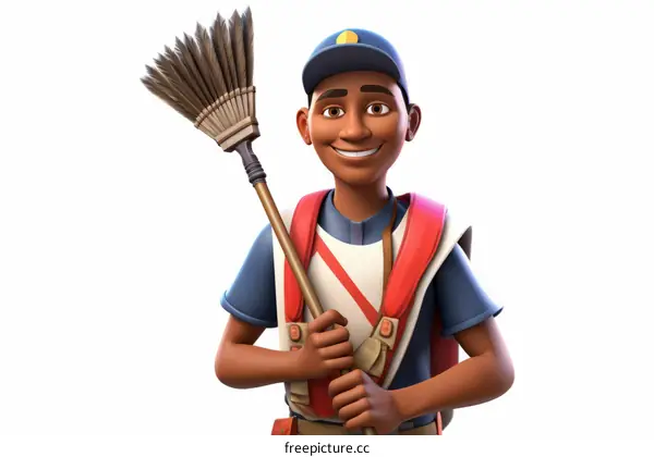 African American male street cleaner holding broom smiling
