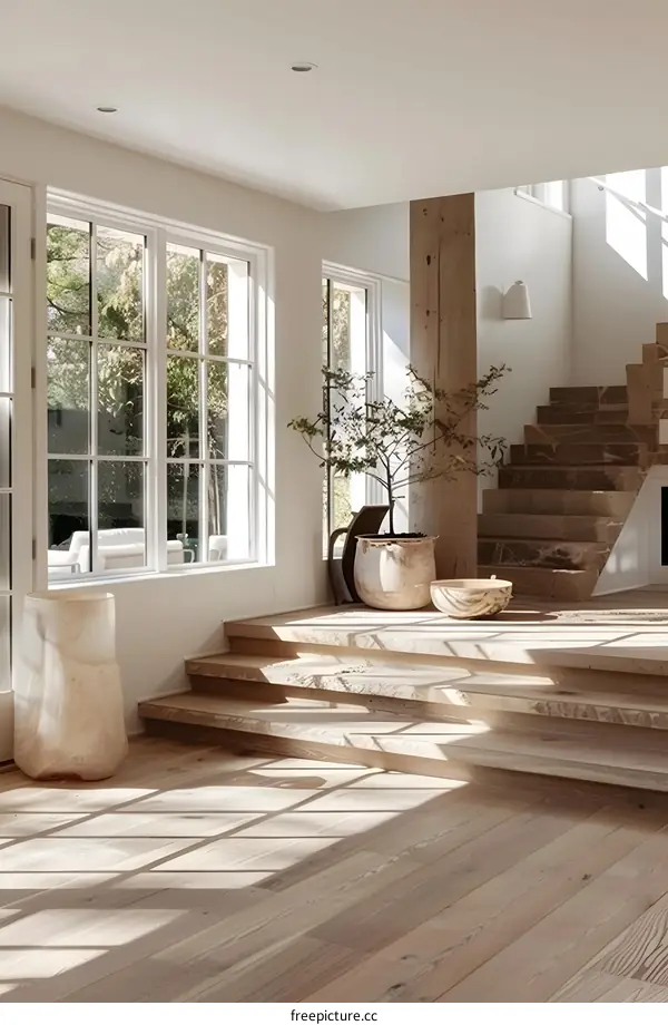Modern Home Interior Design With Wooden Stairs and Large Windows