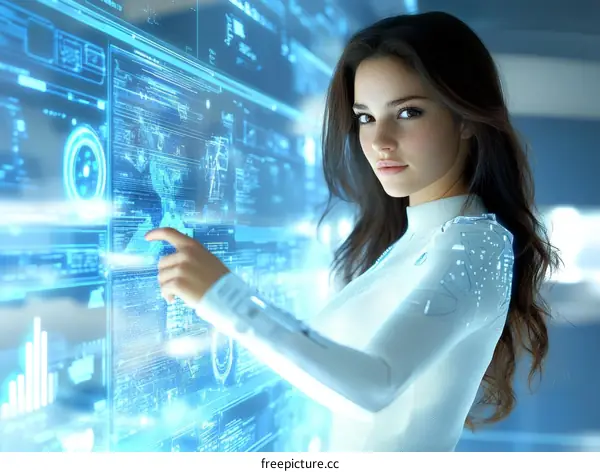 Future Woman Interacting with Holographic Displays
