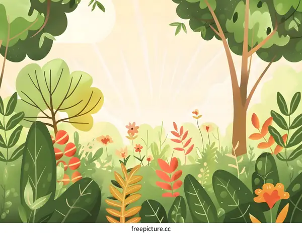 Cartoon Illustration of a Sunny Meadow with Flowers