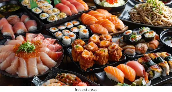 Assortment of Japanese Sushi on Plates