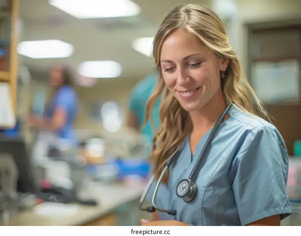 Portrait of a smiling female doctor or nurse wearing blue scrubs in a hospital setting