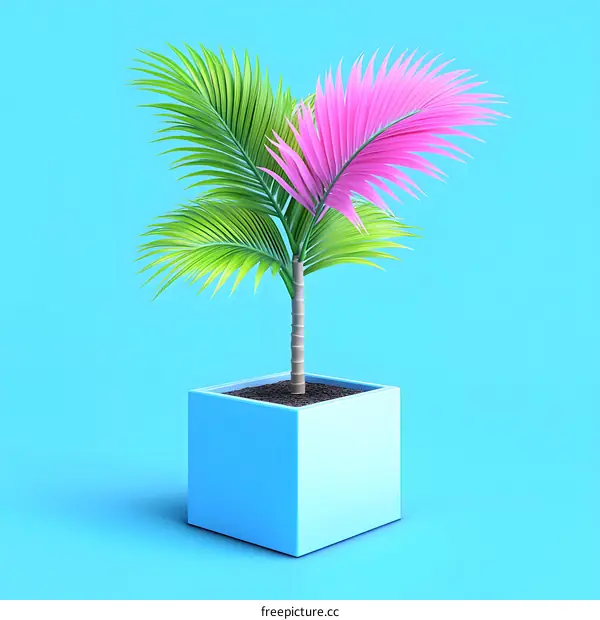 Pink and Green Palm Tree in a Blue Pot on a Blue Background