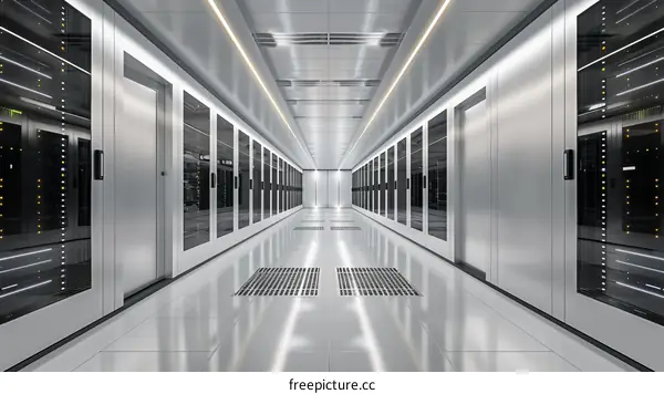 Futuristic data center with rows of server racks