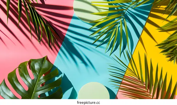 Tropical Leaves on Colorful Background
