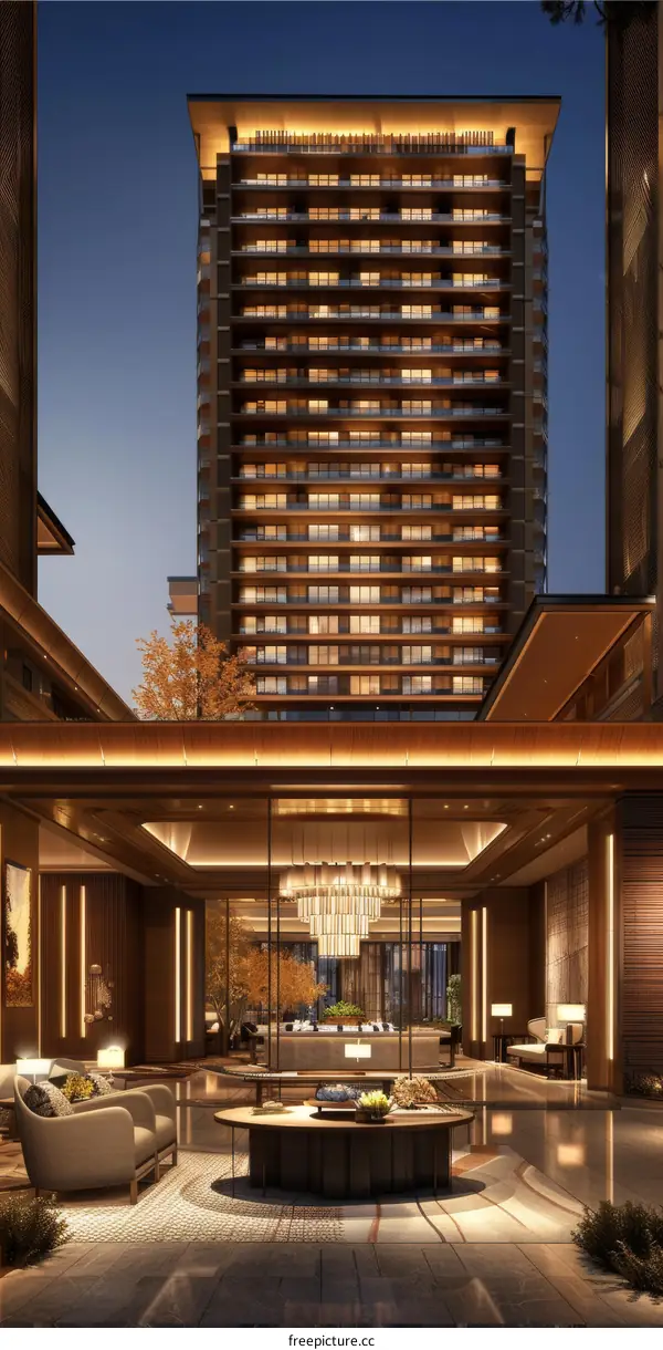 Modern Luxury Hotel Lobby and High-Rise View