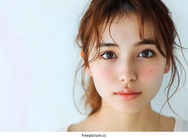 Portrait of a young Asian woman with freckles and brown hair