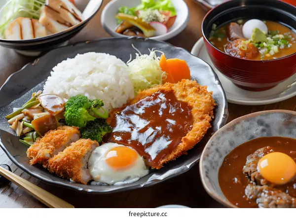 Japanese Cuisine Food Plate with Fried Pork Cutlet, Rice, Egg and Vegetables