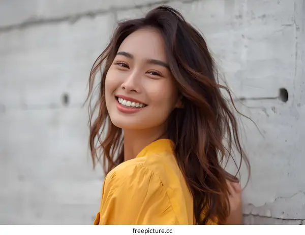 Smiling Asian Woman In Yellow Shirt
