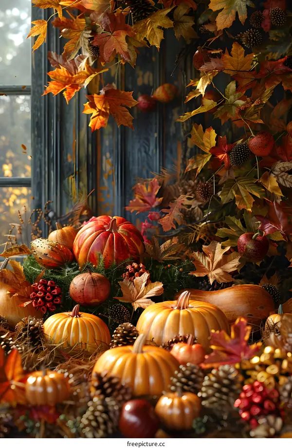 Colorful autumn leaves and pumpkins