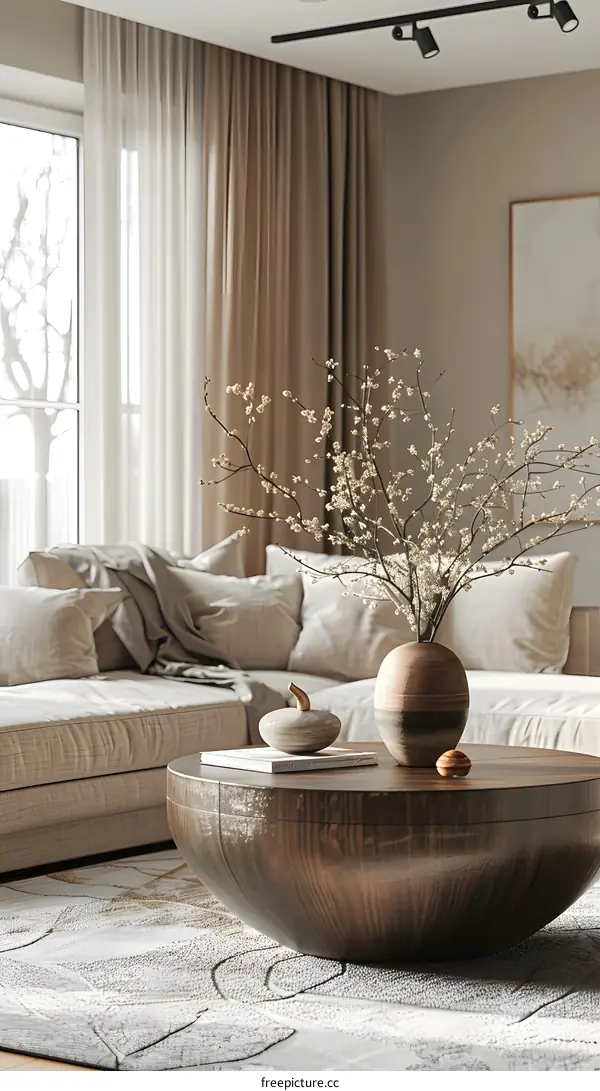 The picture shows a living room with modern minimalist interior design