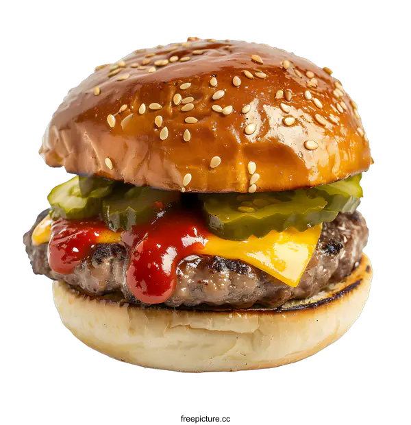 [Transparent Background PNG]Delicious Cheeseburger with Pickles and Ketchup