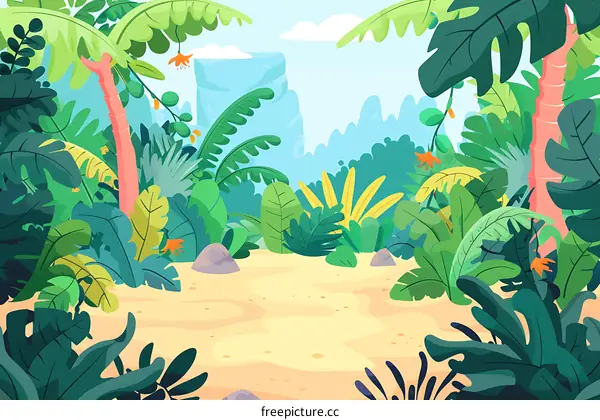 Jungle Background Illustration With Green Plants And Sandy Ground