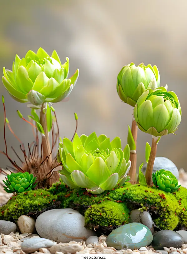 Green Succulents and Moss with Rocks