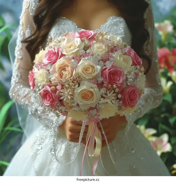 A bride holding a bouquet of pink and white roses with a touch of green