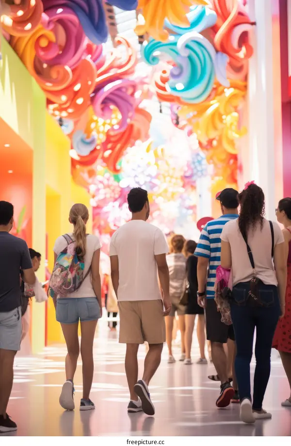 People walking through a colorful tunnel