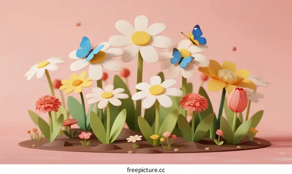 Colorful Paper Flowers with Butterflies in Spring Garden