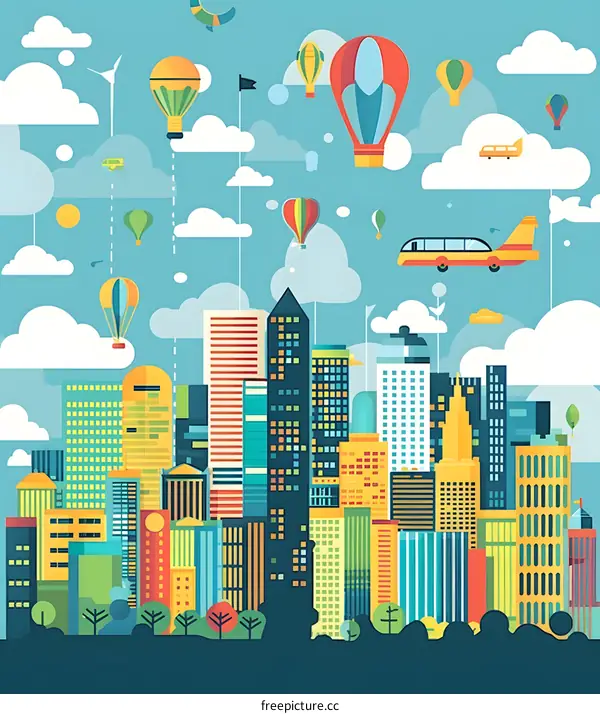 Colorful Cityscape with Hot Air Balloons and Clouds