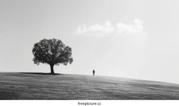 Man standing alone in a field of wheat with a large tree in the background