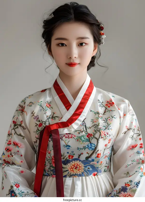Portrait of a young woman in a traditional Korean hanbok dress