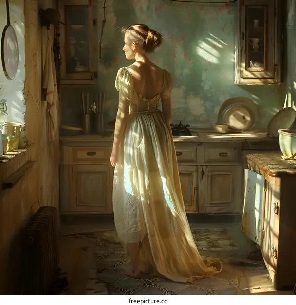 girl in dress standing in kitchen
