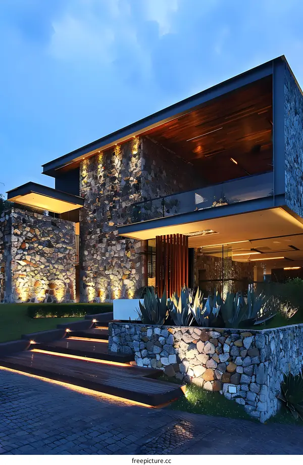 Modern Stone House with Wooden Deck and Lighting at Dusk