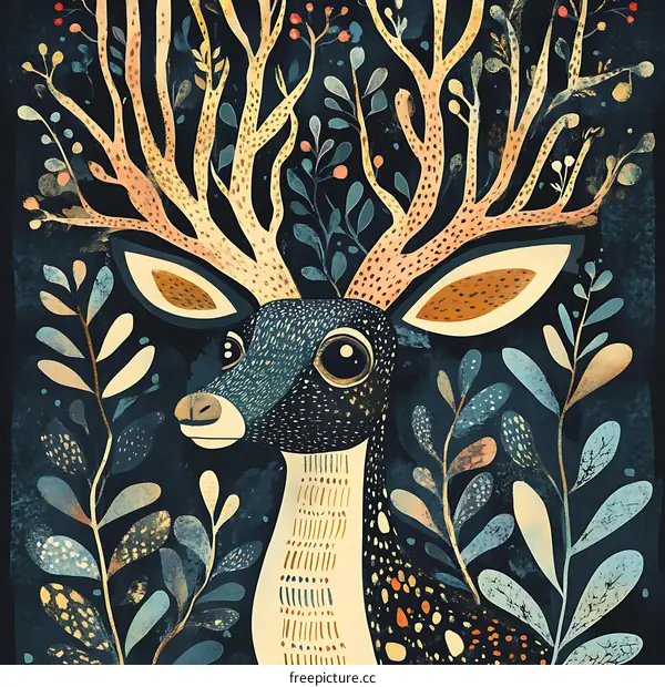 Deer with Branch Antlers in Floral Background