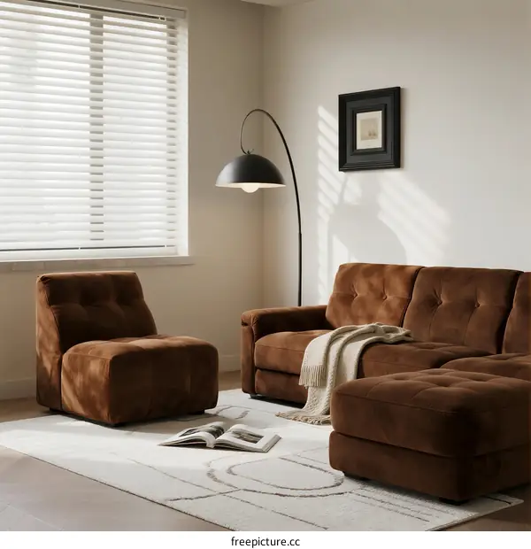 Modern living room with brown sofa and armchair furniture