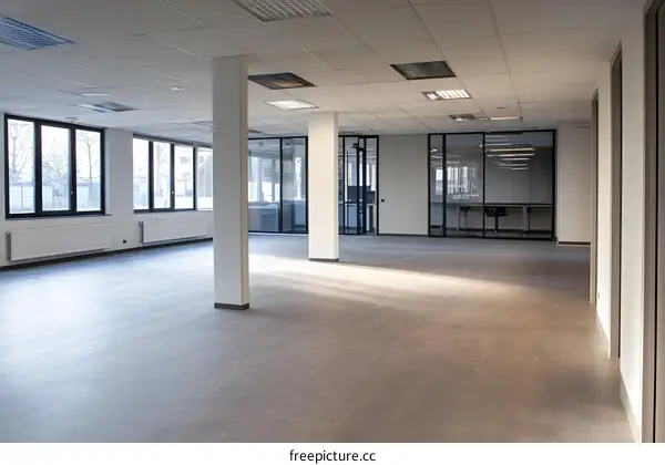 Empty Office Space with Windows and Ceiling Lights