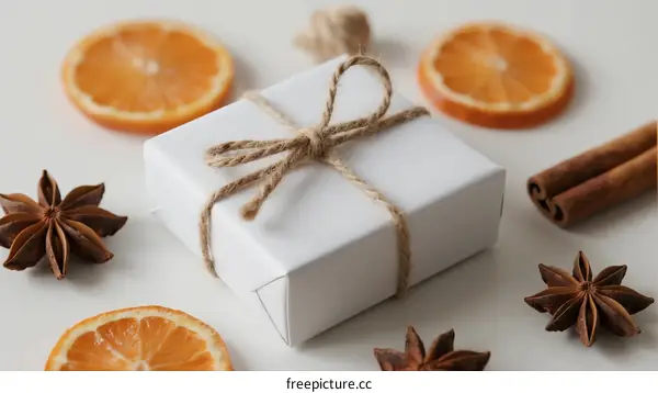 White Gift Box with Twine Ribbon and Dried Oranges