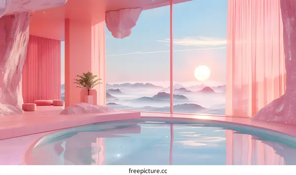 Pink Minimalist Interior Design With Swimming Pool And Mountain View