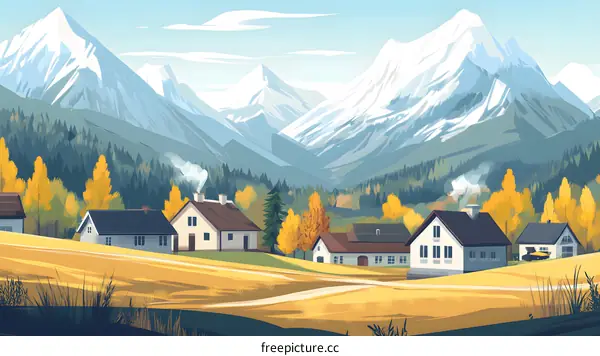 Mountain Village Landscape Illustration