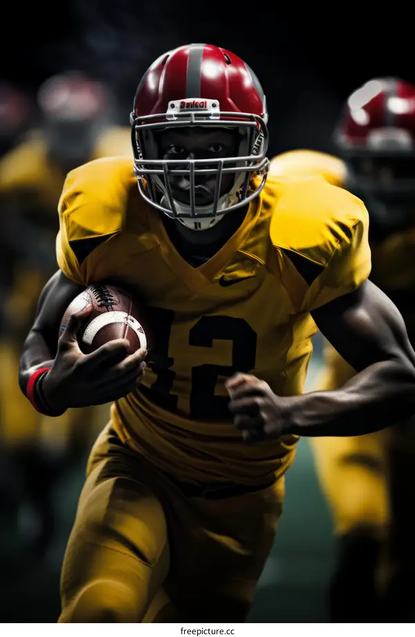 American football player in yellow jersey running with ball