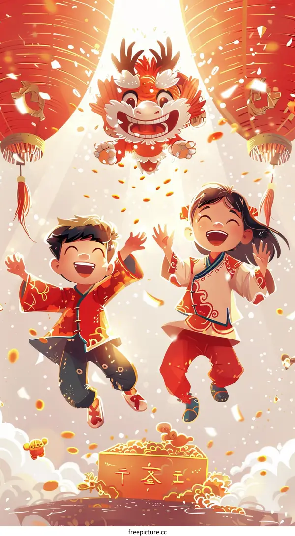 Two children happily jumping while celebrating Chinese New Year