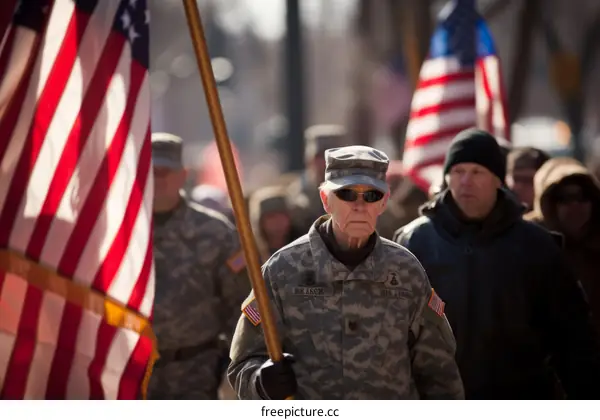 A soldier holding an American flag in a parade.