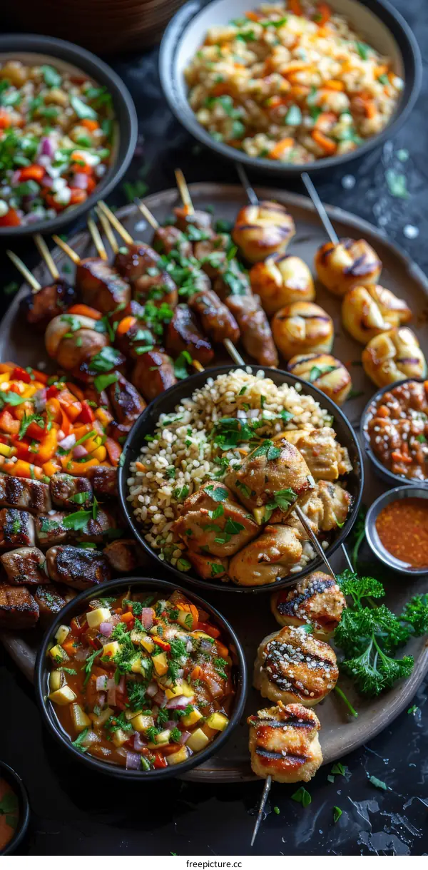 An assortment of grilled meats, vegetables, and seafood on a platter