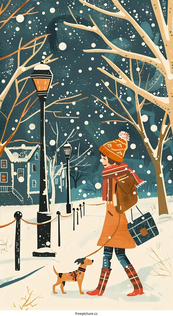 Snowy Night Walk with Dog