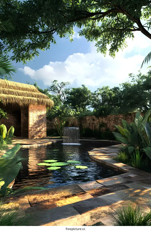 Tropical Garden Landscape With Pool And Waterfall