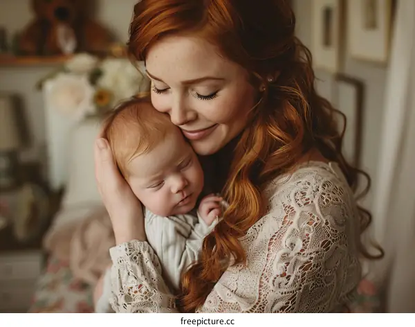 Redhead mother lovingly gazes at her sleeping newborn baby