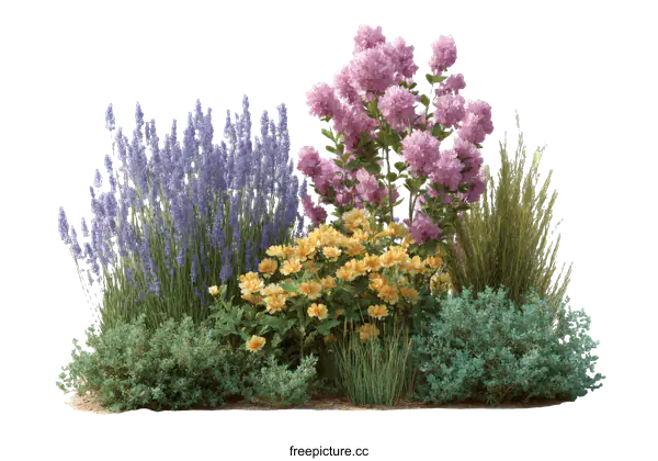 [Transparent Background PNG]Colorful Flowerbeds with Lavender and Hydrangeas