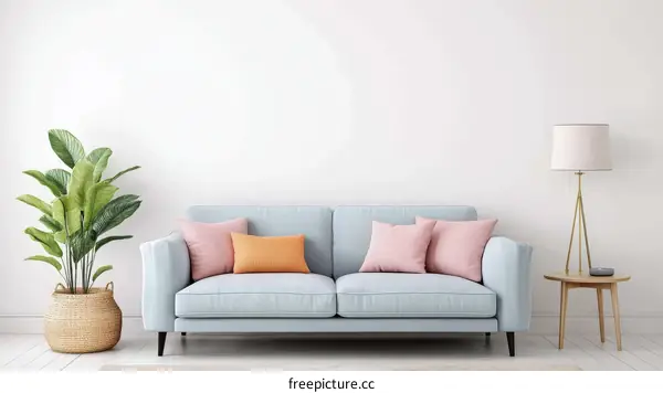 Modern Light Blue Sofa with Colorful Cushions