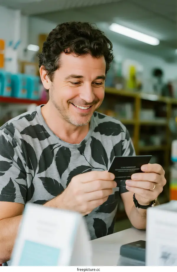 Man holding credit card in store, smiling and looking at device