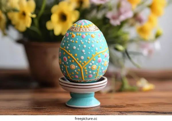 Beautiful Hand-Painted Easter Egg on Stand with Flowers